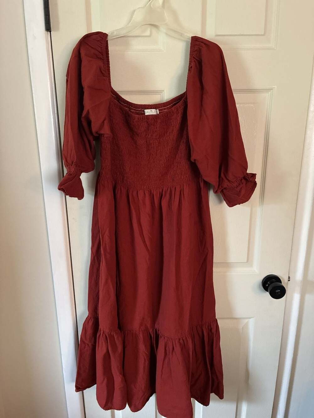 BALTLN Women's Rust Red Smocked Maxi Dress with Puff Sleeves and Tiered Hem